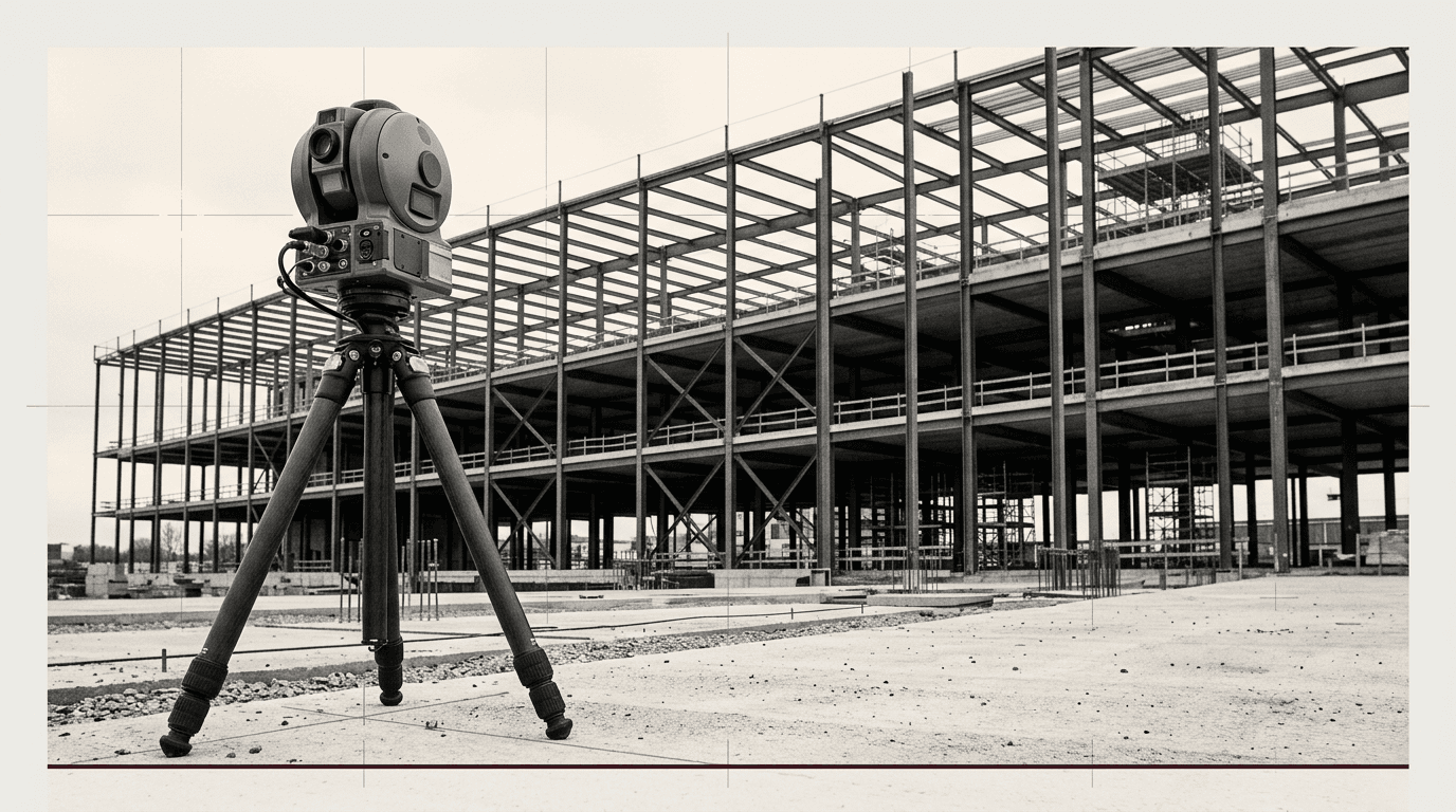 Сканер на штативе перед архитектурным каркасом здания